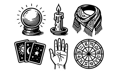 Mystical symbols: crystal ball, candle, tarot, hand, zodiac in black and white