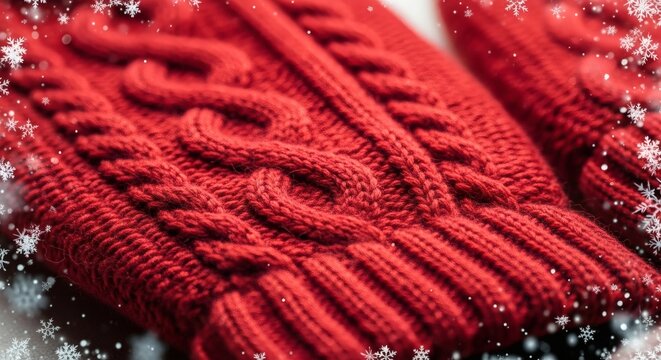 Closeup of a textured red knitted scarf with intricate cable knit pattern and snowflake border