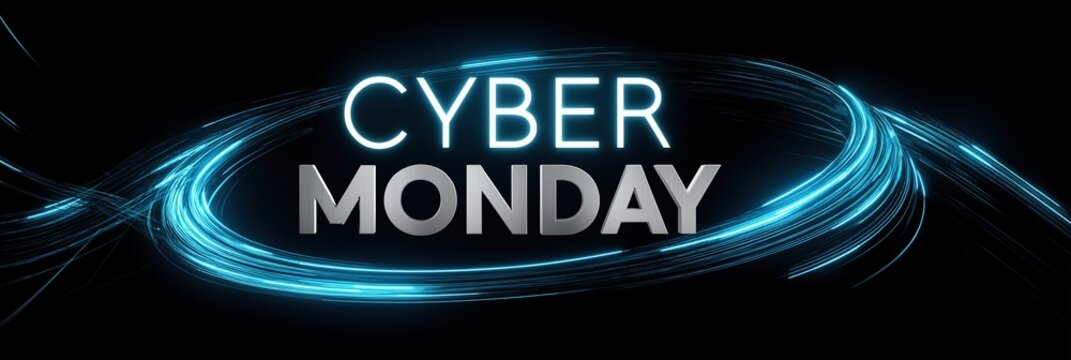 Cyber Monday promotional banner with glowing blue light trails on black background - Powered by Adobe