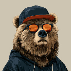 Vector illustration of a bear in a baseball cap and sunglasses