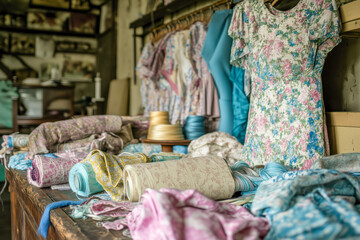 Seamstress sewing a dress, with patterns, threads, and fabrics arranged around them