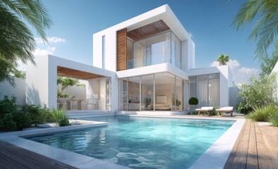 Modern white house with pool, bright day, sunny sky