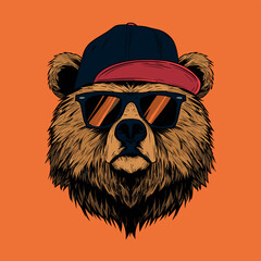 Vector illustration of a bear in a baseball cap and sunglasses