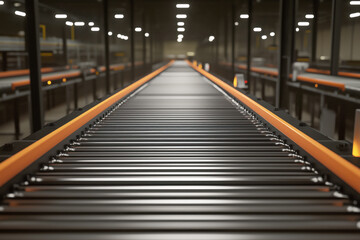 Series of conveyor belts moving materials and assembled items along an efficient production line