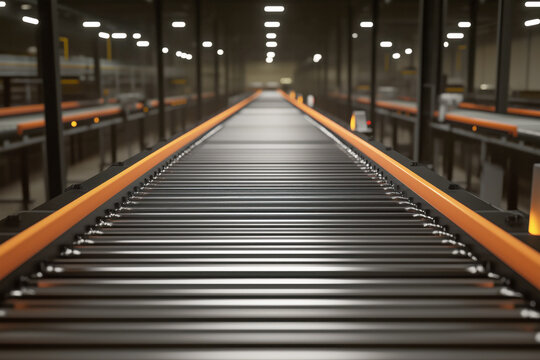 Series of conveyor belts moving materials and assembled items along an efficient production line