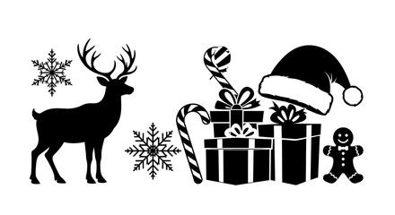 Christmas silhouette with reindeer, gifts and snowflakes