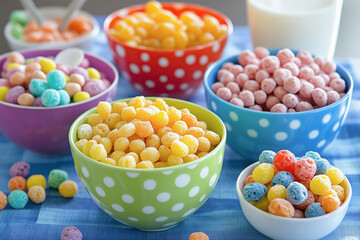 Simple breakfast with a variety of cereals in different bowls, ready to be served with milk