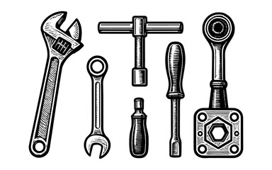 Obraz premium Vintage hand-drawn mechanical tools set for diy projects and workshops