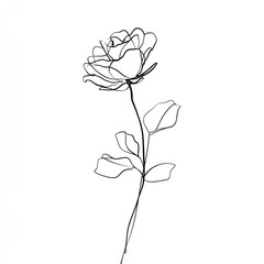 Elegant rose line drawing, delicate petals and leaves on a tall stem