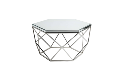 Octagonal mirrored surface table rests upon an intricate geometric metal base against a solid black background.