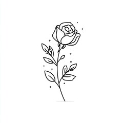 Rose outline illustration single blossom, stem, leaves, and scattered dots