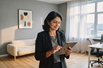 A professional woman in a black blazer using a tablet computer in a modern office living room, with soft natural light from a window and contemporary furnishings.