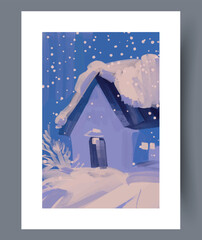 Charming frostbedecked house nestled among tall pine trees