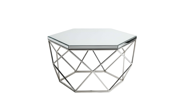 Octagonal mirrored surface table rests upon an intricate geometric metal base against a solid black background.