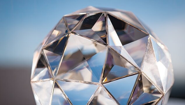Faceted crystal sphere reflects sky and surroundings, creating a geometric display