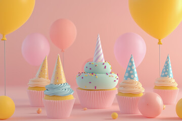 Table set for a birthday party with cupcakes, party hats, and balloons