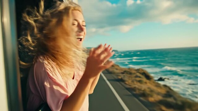 Young woman with open arms enjoying coastal car travel. Happy blonde on road trip feeling freedom with wind blown hair and ocean view.