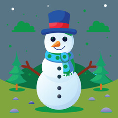 Cute cartoon winter snowman vector illustration featuring a hat, scarf, broom, gift, and Christmas tree