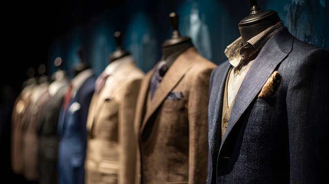 Row of finely tailored men's sport coats displayed on mannequins in a dimly lit environment