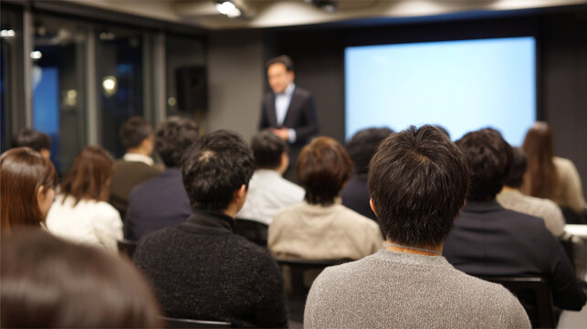 Presentation in the hall, a person speaks to an audience.