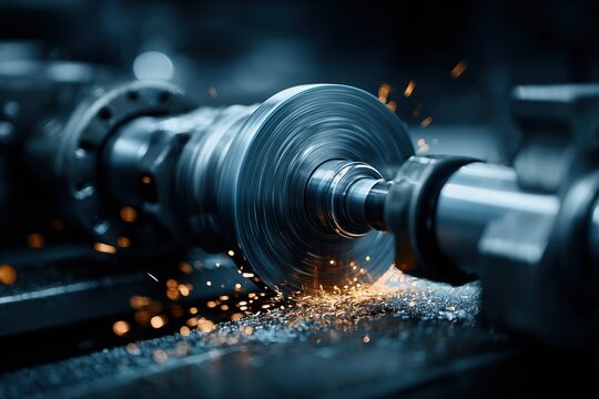 In a factory setting, a metal lathe shapes a piece of steel as sparks fly, illustrating industrial manufacturing and precision machining