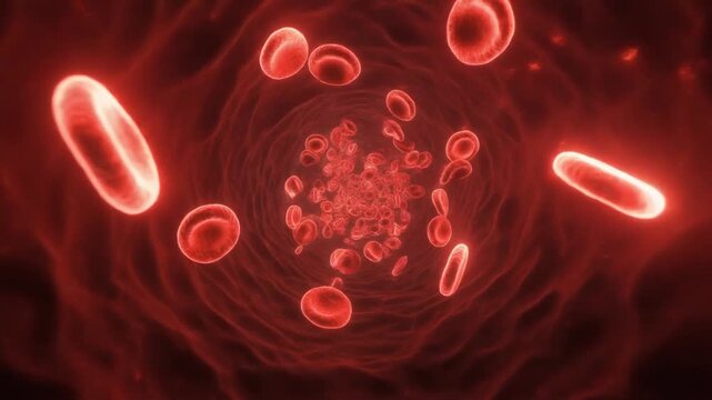 Microscopic view of red blood cells flowing through a human blood vessel.