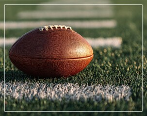 Football on a turf field with yard lines, close-up, sunlight