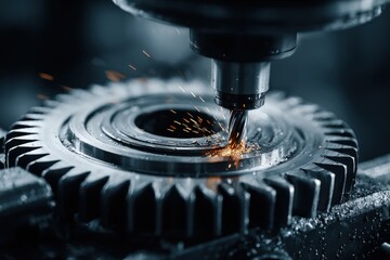 An end mill cutting a gear from metal, producing sparks, the manufacturing process showcases precision engineering and automated efficiency