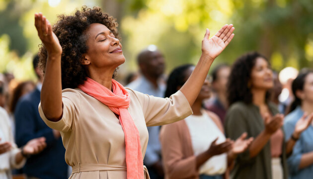 Mature Black woman with hands raised in worship during an outdoor service. Spiritual person expressing faith and praise in a diverse community - Powered by Adobe