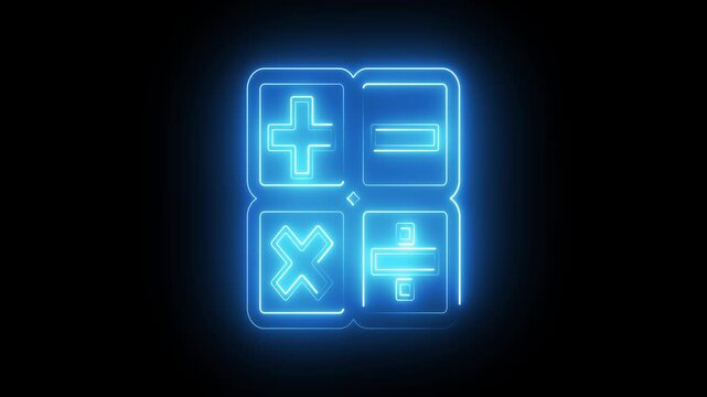 Blue Neon Calculator and Math Operations Icon: Looping Animation of Digital Calculation, Accounting, and Finance