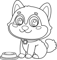 Cute Husky Puppy Dog Cartoon Character Sitting With Dog Bowl – Black and White Vector Hand Drawn Illustration Isolated On Transparent Background
