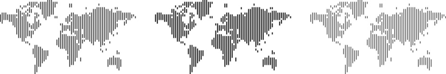 Mega set of world map in vertical line shape pattern. Abstract vertical line pattern world map with a geometric pattern. Geographical graphic design elements for technology company background
