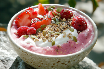 Vegan smoothie bowl topped with fresh fruit, granola, and seeds