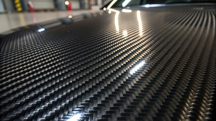 Shiny Background black carbon fiber weave pattern with reflections of light texture