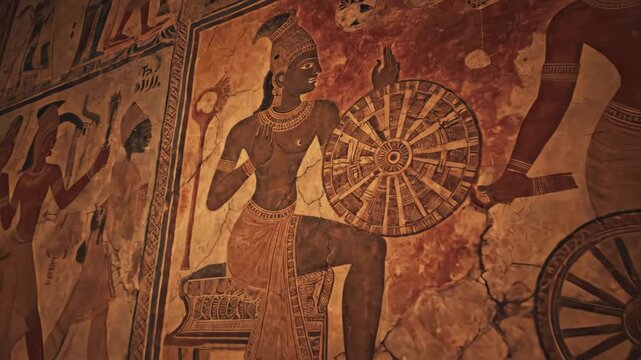 Ancient underground temple with hieroglyphics and wall paintings depicting men, war chariot, and culture illuminated by distant fire in historical tomb.