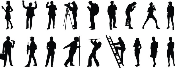 Silhouettes of diverse people, camera operator, martial artist, musician, worker, photographer, secret talk, ladder climber, rifle holder, urban poses