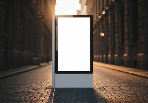 Blank Billboard on Cobblestone Street at Dusk.