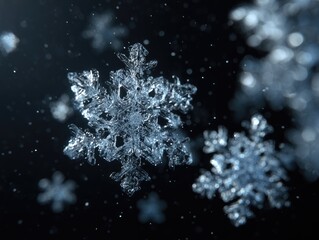 Close-up of delicate, intricate snowflakes falling against a dark background