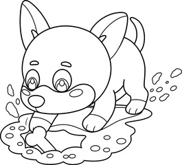 Funny Playful Doberman Puppy Dog Cartoon Character Digging Ground With Bone – Black and White Vector Hand Drawn Illustration Isolated On Transparent Background