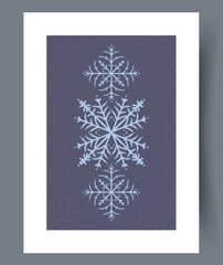 Decorative trio of snow crystals on dark background for festive use
