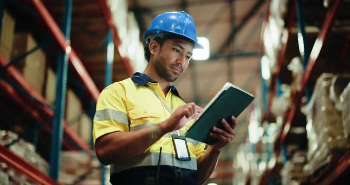 Warehouse, logistics or worker with tablet for storage inspection, export process or transport schedule. Stock check, quality control or man with tech in shipping depot, inventory management or below