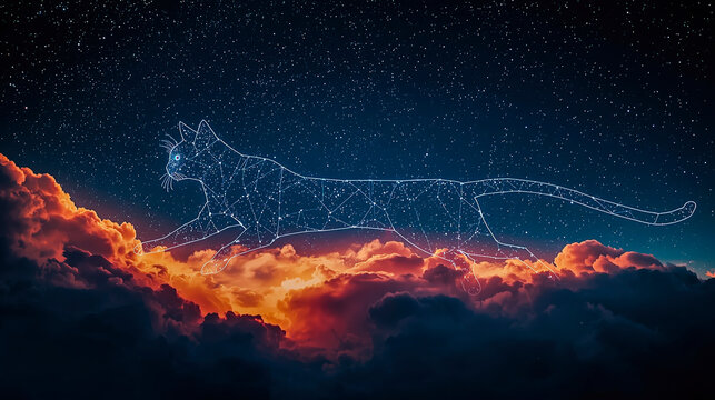 Stars forming a cat stretching across the night sky, glowing tail sweeping clouds.