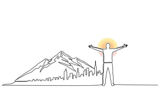 Man celebrates achievement with arms outstretched against mountain and cityscape