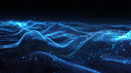 Abstract digital landscape with wave pattern and shining particles. The blue digital surface suggests advanced technology or data visualization