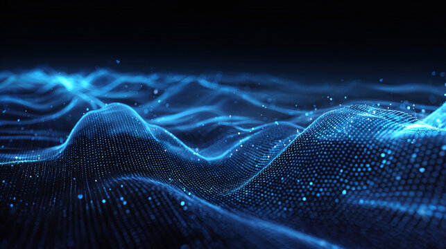 Abstract digital landscape with wave pattern and shining particles. The blue digital surface suggests advanced technology or data visualization