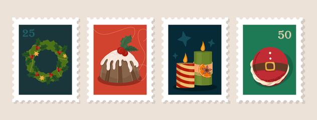 Christmas postage stamp set with wreath, pudding, candles and ornament. For greeting cards, postal themes, scrapbooking, stickers, labels and web banners.