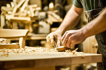 Woodworker sanding and finishing a beautifully crafted wooden chair, with other completed pieces in the background