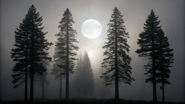Silhouetted Pine Trees Under a Full Moon in a Misty Forest moonlight Background