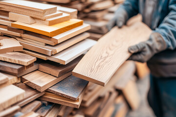 Woodworker sorting through their wood supply, choosing the right pieces for a new project