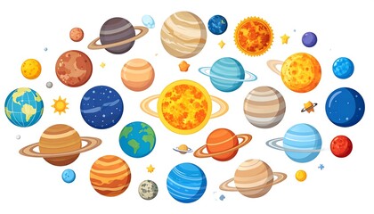 Diverse collection of planets and stars in a colorful cosmic arrangement.